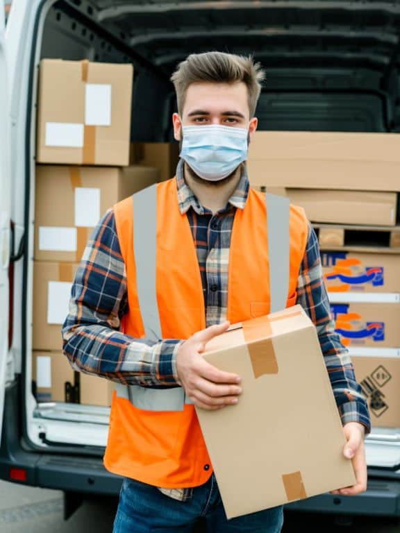 A man wearing an orange safety vest and a medical mask stands in front of an open van filled with cardboard boxes. He is holding a box and dressed in a plaid shirt and jeans. The background shows the interior of the van packed with various sized boxes, indicating a delivery or moving service.