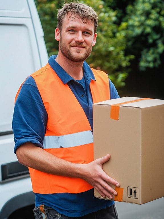 man wearing an orange vest holding a brown cardboard box